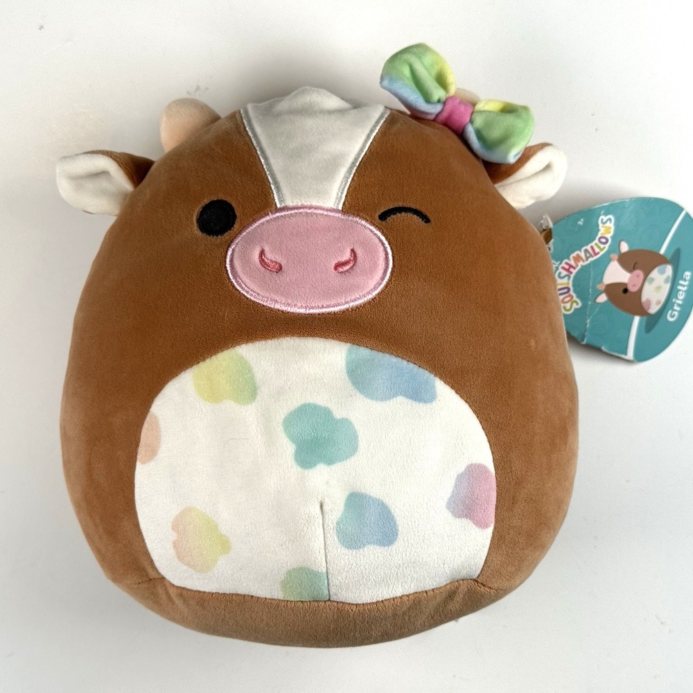 Squishmallows Griella the Winking Cow with Multi Color‎ Bow & Spots 7.5 Inch NWT